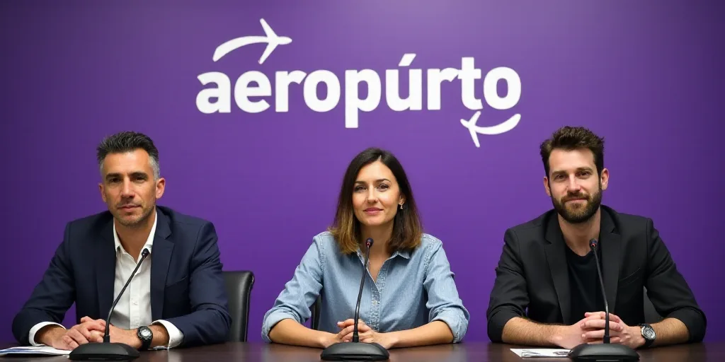 three people sitting at a table with microphones in front of them and a purple banner behind them th