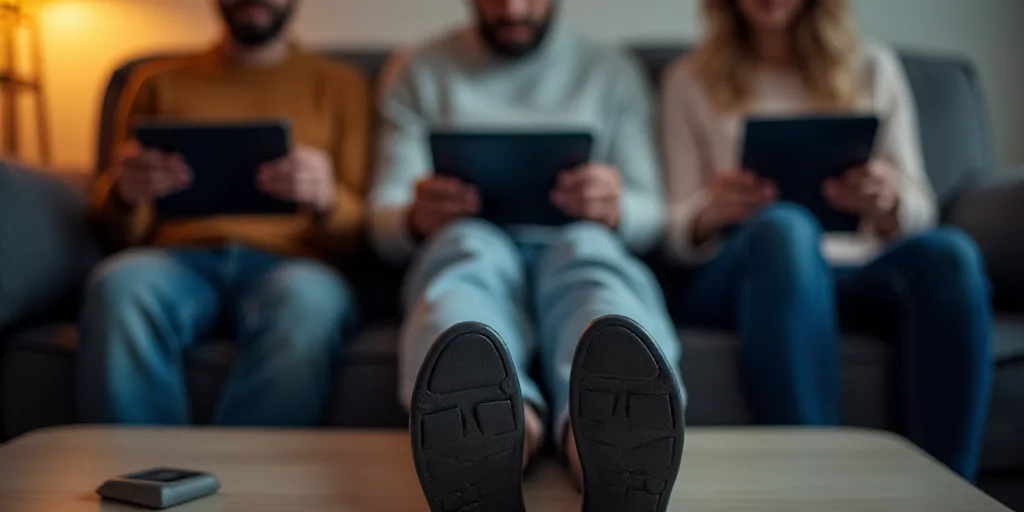 three people sitting on a couch with their feet up on a remote control and a tablet computer in thei