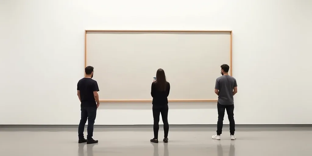 three people standing in front of a sign with a white background and a white wall behind them, one o
