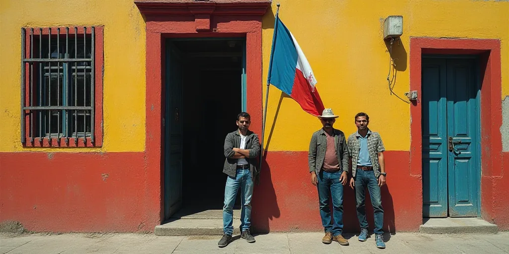 three people standing in front of a doorway with flags in the background and a building with a door