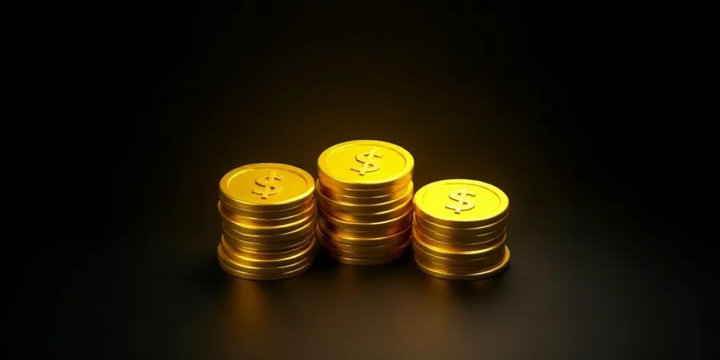 three stacks of gold and black coins with a dollar sign on them, against a black background with a y