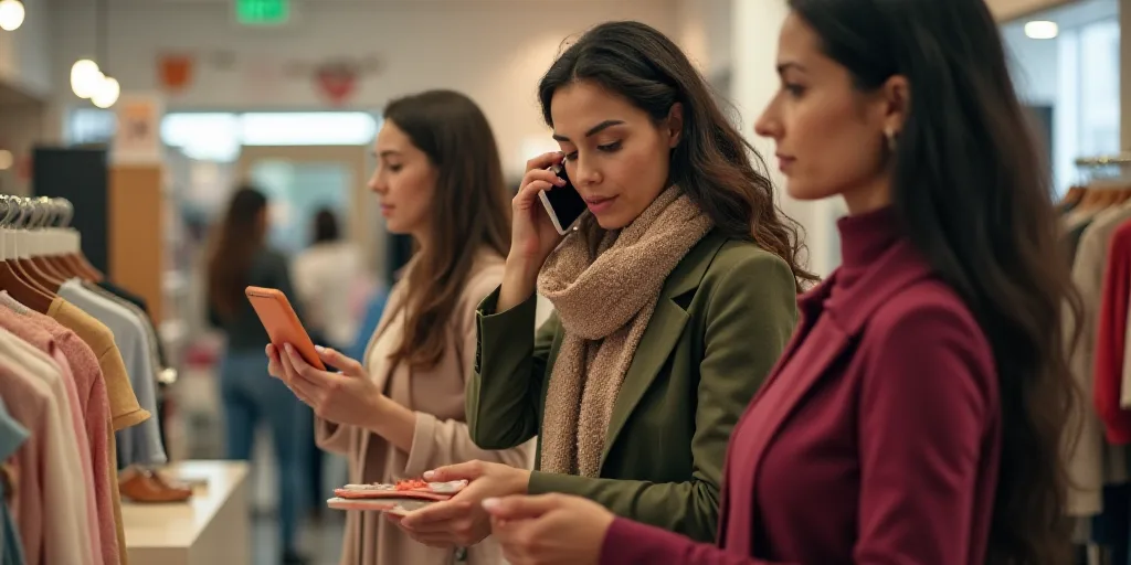 three women are shopping in a store and one is talking on her phone while the other looks at the pro