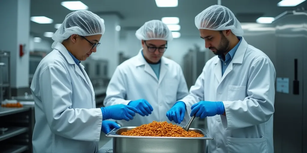 three workers in white coats and blue gloves are working in a factory with a container of food in fr