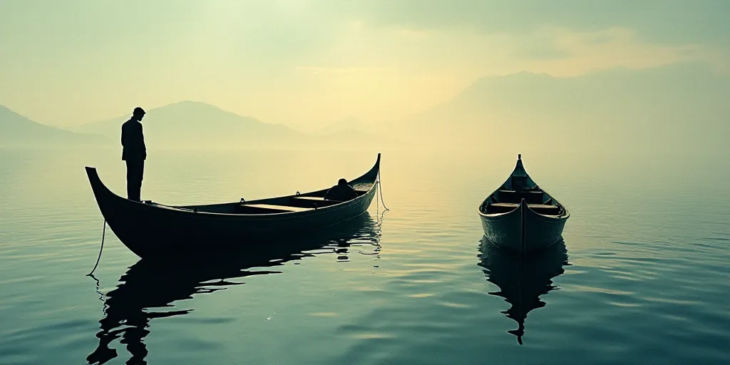 two boats in the water with a man standing on the boat in the water next to them and a man standing
