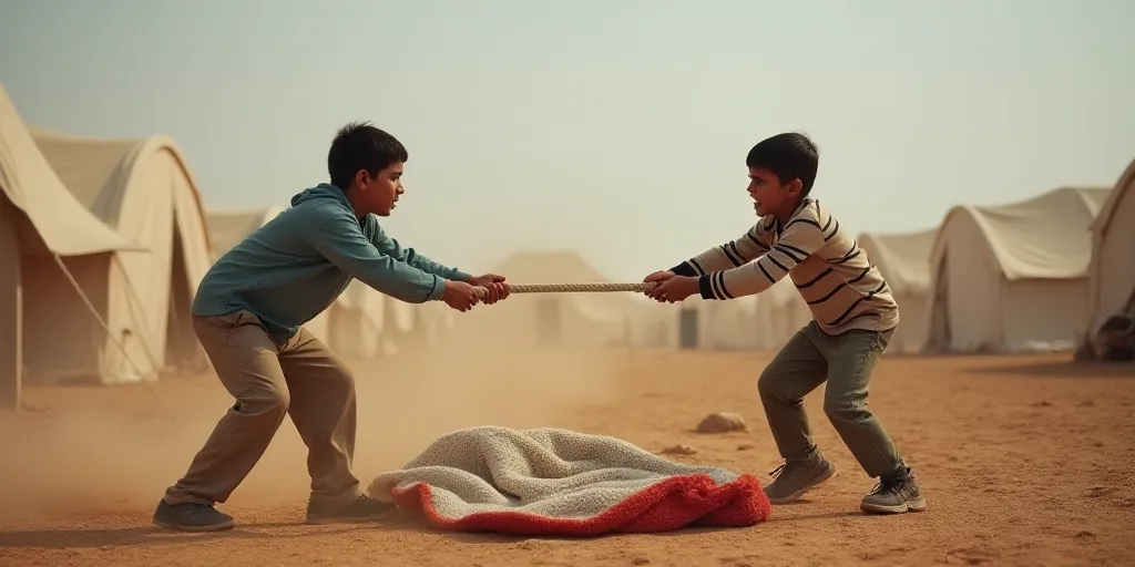 two boys playing tug of war in a dirt field with tents in the background and a sleeping bag on the g