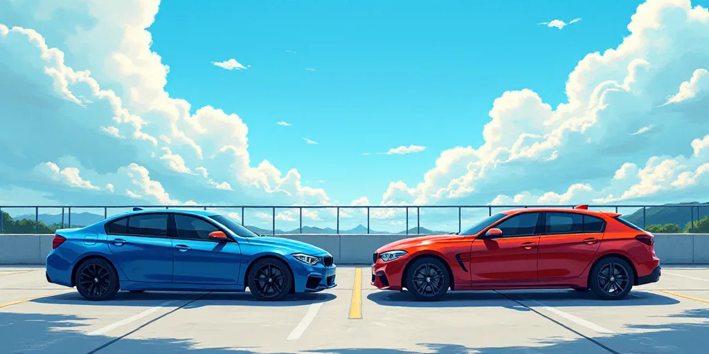 two cars parked in a parking lot next to each other on a sunny day with blue sky and clouds, Ai-Mits
