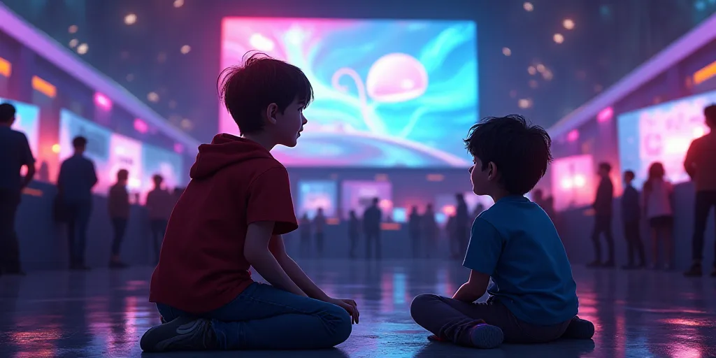two children playing a video game at a convention table with a large screen tv in the background and
