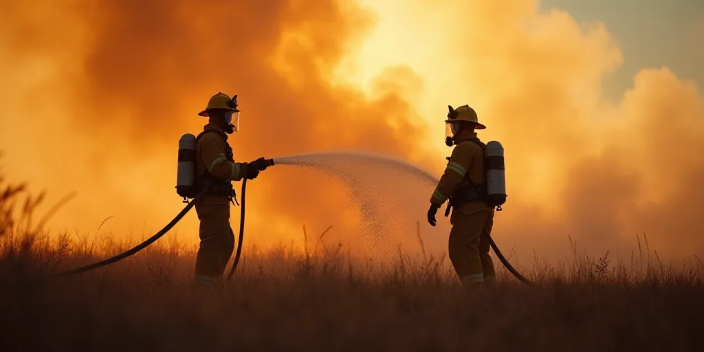 two fire fighters are using a hose to extinguish a fire in the field with a large amount of smoke, A