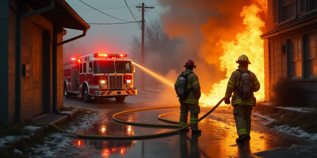 two firemen are putting out a fire in a building with a fire hose in front of them and a fire truck