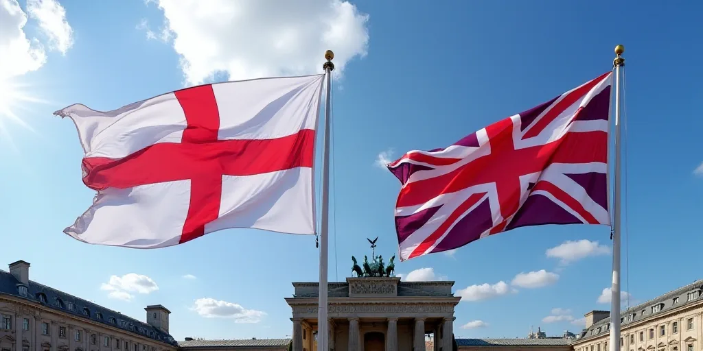two flags are flying in front of a building in the city of london, england, on a sunny day, Eugeen V