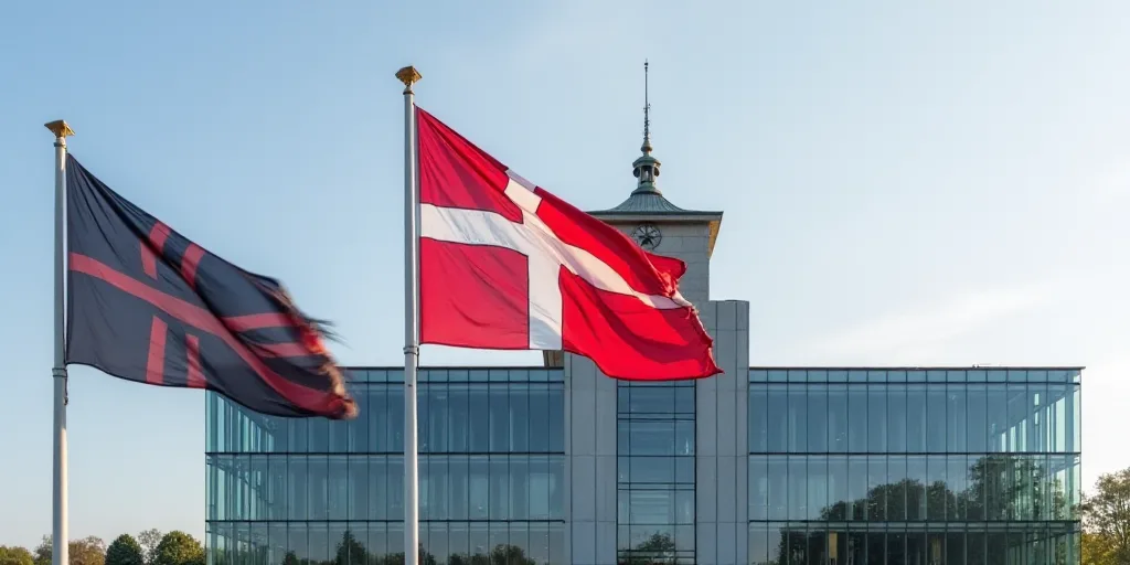 two flags are flying in the wind in front of a building with a glass facade and a clock tower, Eugee