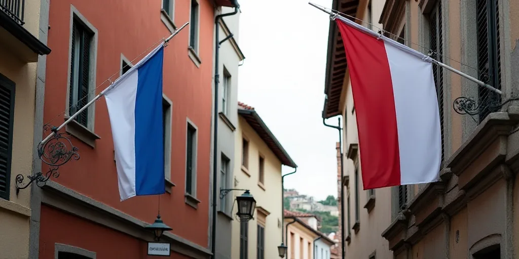two flags are hanging from a building with a clock on it's side and a flag on the other side, Aquira