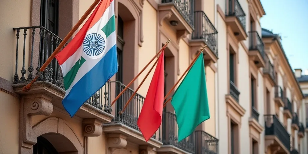 two flags are hanging from a building with a clock on it's side and a flag on the other side, Aquira