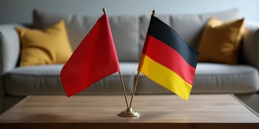 two flags are placed on a table in front of a couch and a coffee table with a couch behind it, Brend