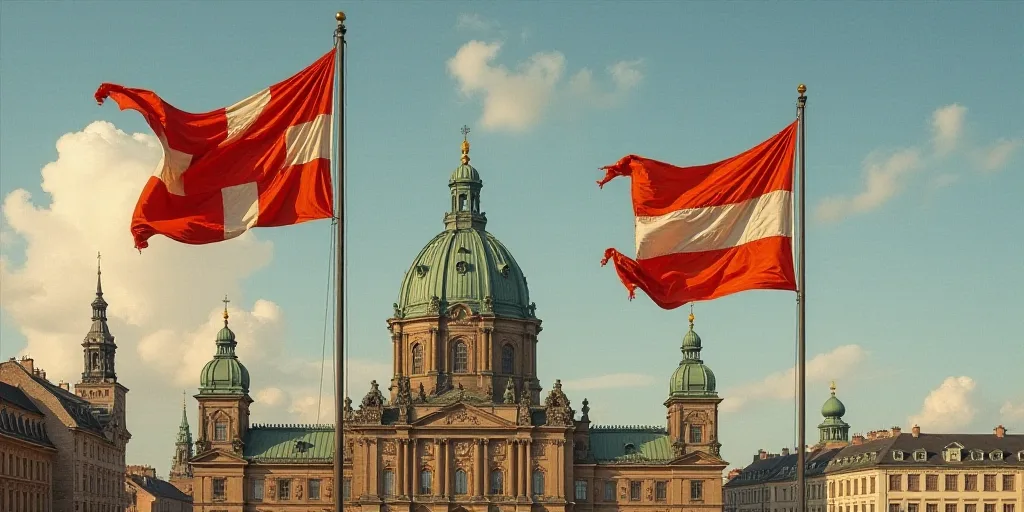 two flags flying in front of a building with a sky background and a few clouds in the background,, F