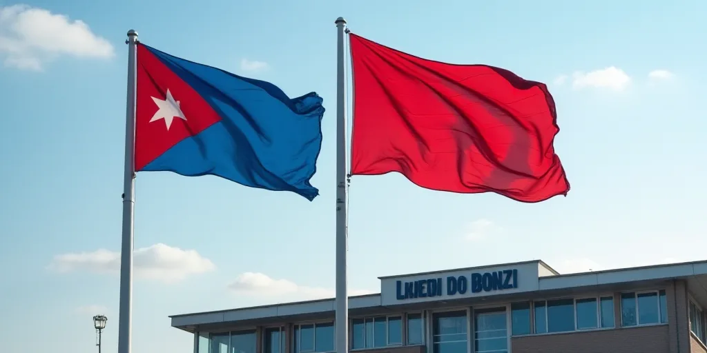 two flags flying in the wind in front of a building with a sky background and a sky background with