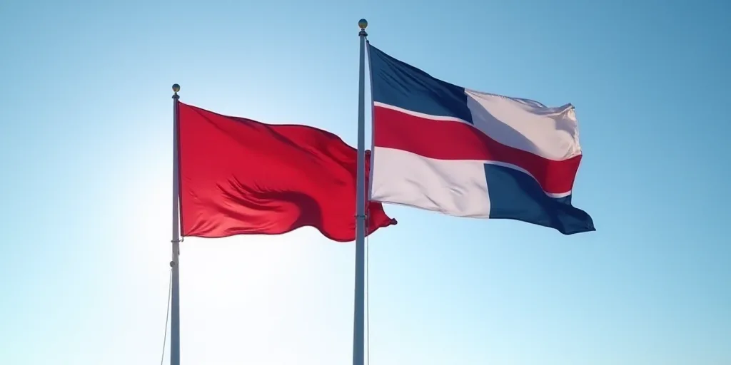 two flags flying in the wind on a clear day with a blue sky in the background and a red one in the f