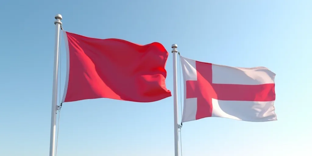 two flags flying in the wind on a clear day with a blue sky in the background and a red one in the f