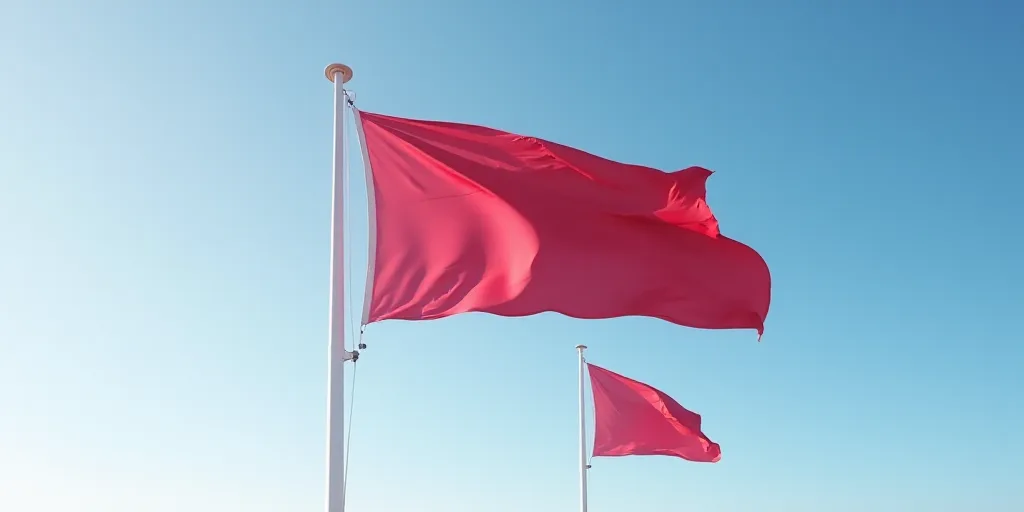 two flags flying in the wind on a clear day with a blue sky in the background and a red one in the f