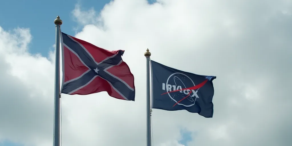 two flags flying next to each other on a cloudy day in the sky with a spacex logo on it, Andries Sto