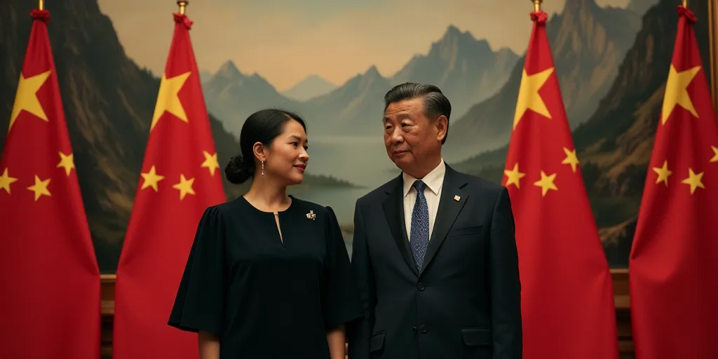 two men and a woman standing in front of flags in a room with mountains in the background and a pain