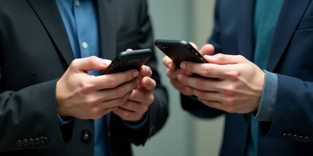 two men are using their cell phones together in a group of hands, one of them is holding a smart pho