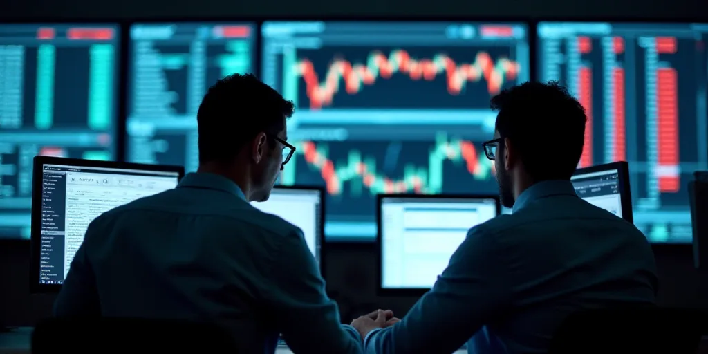 two men in a trading room looking at a computer screen with a stock market on it's wall, Andries Sto