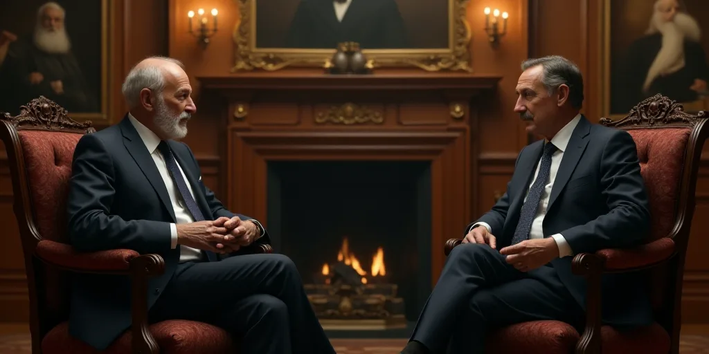 two men in suits and ties sitting in chairs talking to each other in a room with a fireplace and a s