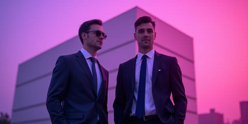 two men in suits and ties standing in front of a building with a purple background and a pink backgr