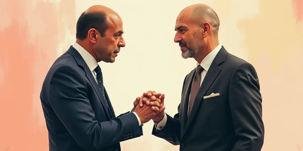 two men in suits and ties standing next to each other and talking to each other with their hands tog