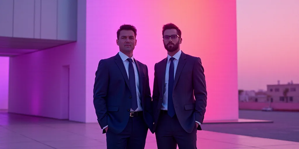 two men in suits and ties standing in front of a building with a purple background and a pink backgr