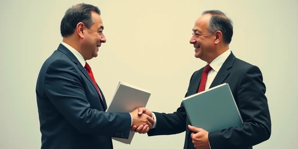 two men in suits are shaking hands with each other while holding folders and books in their hands,,