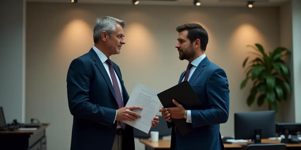 two men in suits are standing in an office and one is holding a piece of paper and the other is hold
