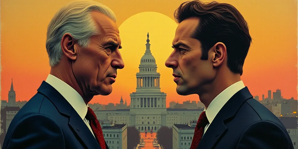 two men in suits facing each other with a city in the background and a building in the background wi