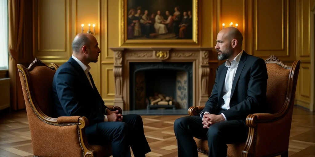two men in suits sitting in chairs talking to each other in a room with gold walls and a fireplace,