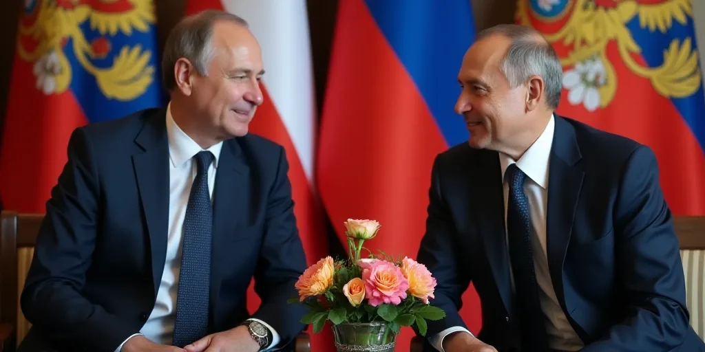 two men in suits sitting next to each other in front of flags and flowers in a vase with a flower in