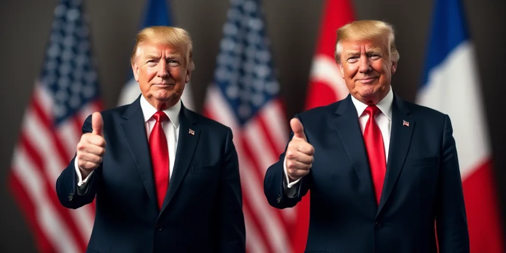 two men in suits standing in front of flags with thumbs up in front of them, one of them is a portra