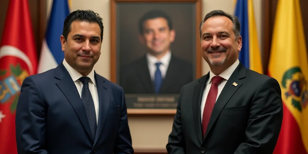 two men in suits standing next to each other in front of flags and a plaque with a picture of a man