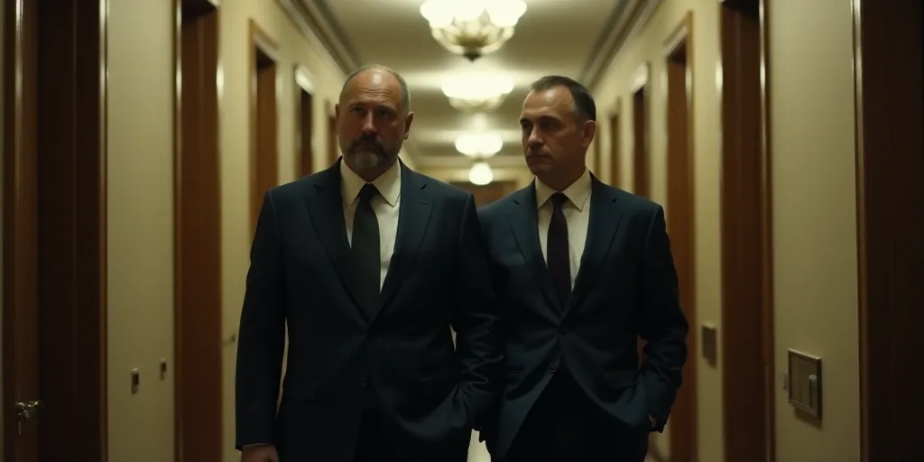 two men in suits walking down a hallway together, one of them is wearing a suit and the other is a t