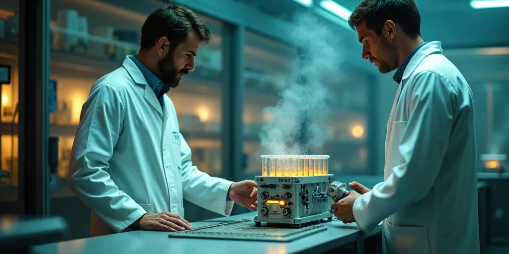 two men in white lab coats are looking at a machine with a lot of test tubes on it and a man in a wh