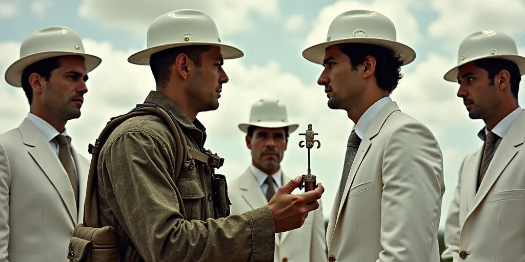 two men in white suits and one in camouflage holding a large metal object in his hand and another in