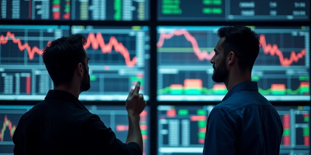 two men looking at a display of stock on a wall of monitors in a stock market, one pointing at the s