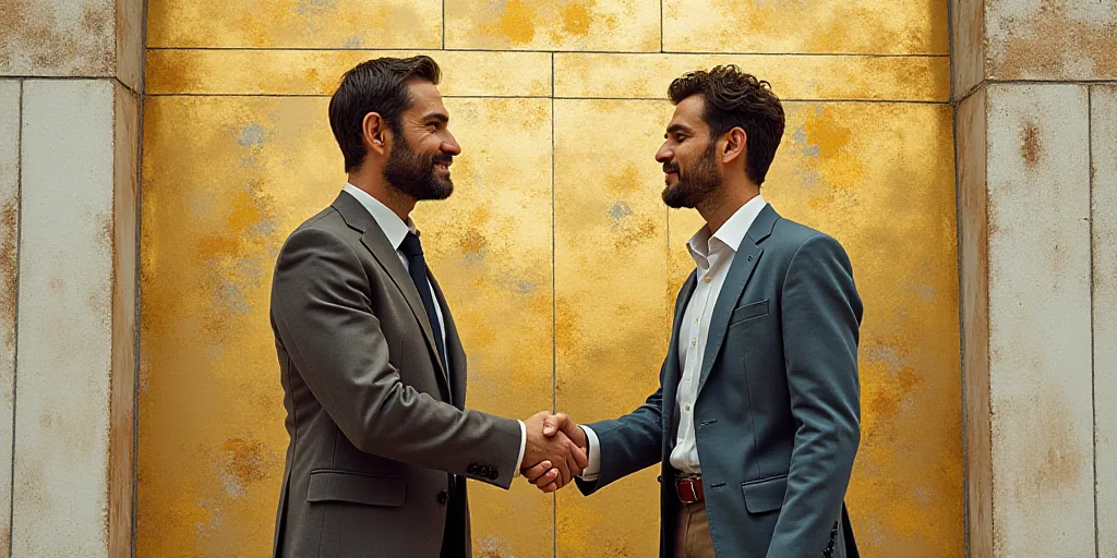 two men shaking hands in front of a wall with a mosaic pattern on it and a gold and white wall behin