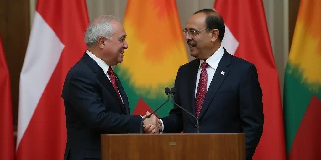 two men shaking hands in front of flags and a podium with a microphone in front of them and a man in