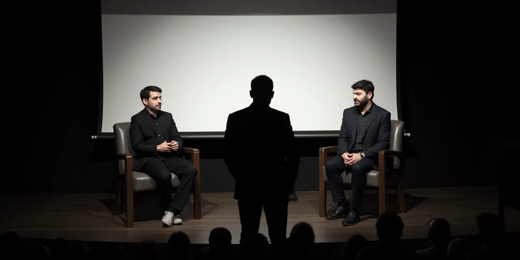 two men sitting in chairs talking on stage with a screen behind them and a man standing in front of