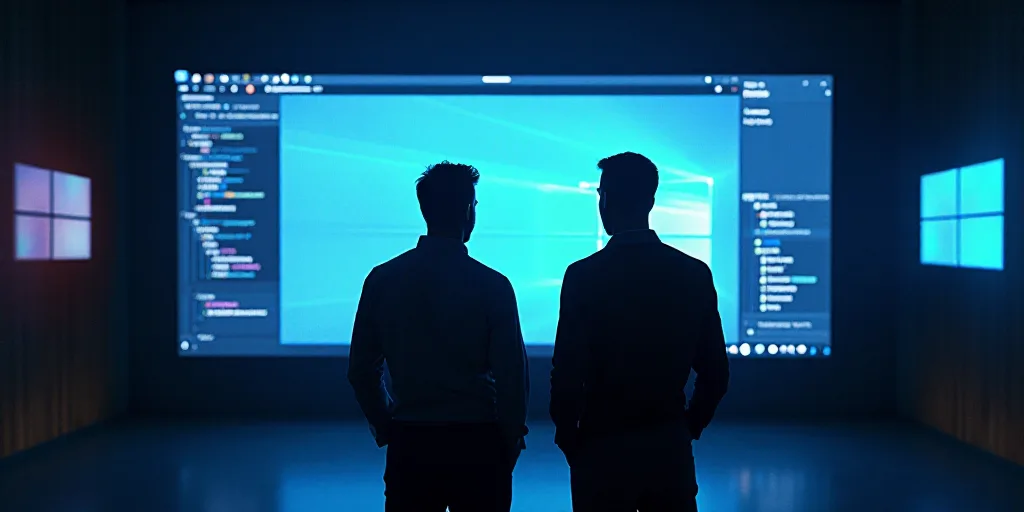 two men standing in front of a large screen with microsoft logo on it's side and a microsoft logo on