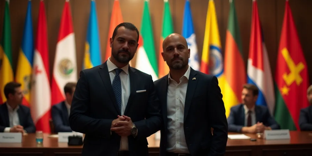 two men standing next to each other in front of flags of different countries and countries in a room