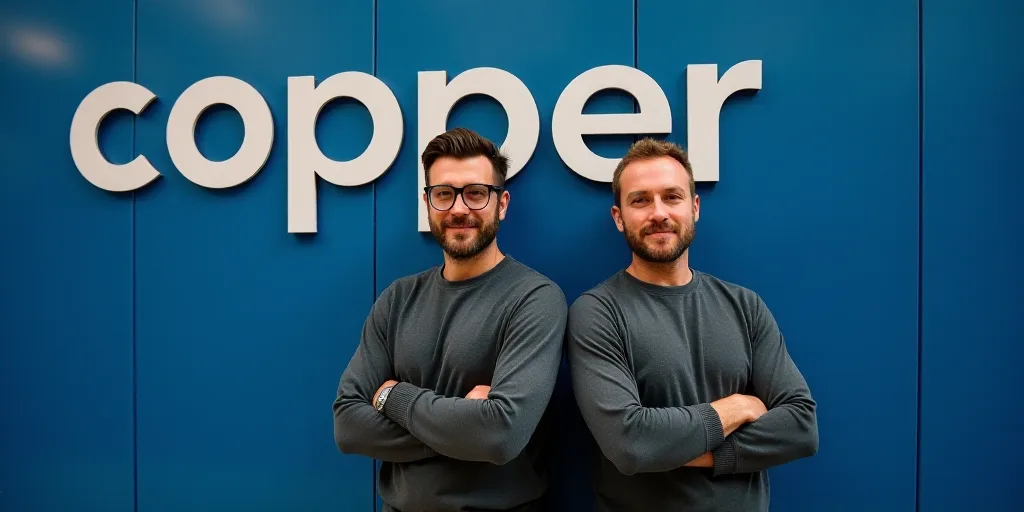 two men standing next to each other in front of a blue background with the words copper on it and a
