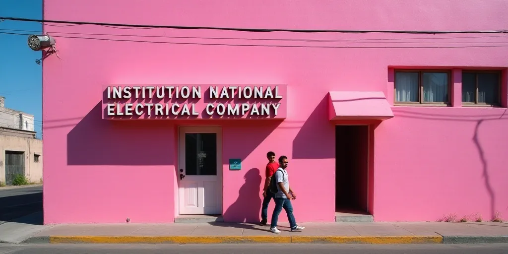 two men walking in front of a pink building with a sign that reads institution national electrical c