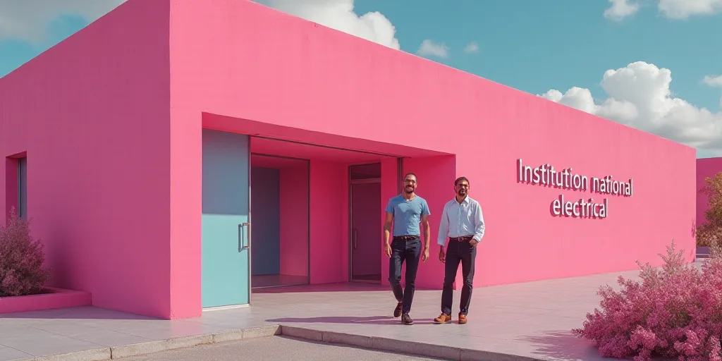 two men walking out of a pink building with a sign that says institution national electrical on it's